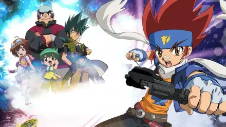 Beyblade: Metal Fusion HD PC desktop wallpaper featuring the main blader with a launcher in the foreground and teammates behind against a cosmic, colorful background.