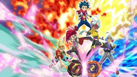 Beyblade Burst HD PC desktop wallpaper and background: dynamic team of bladers launching vibrant spinning tops against fiery and electric skies.