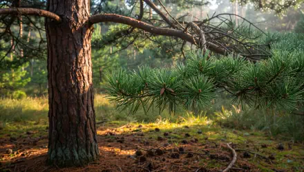 Sunlit pine trunk and low branch over a mossy forest floor with scattered cones, 4K Ultra HD PC desktop wallpaper and background.