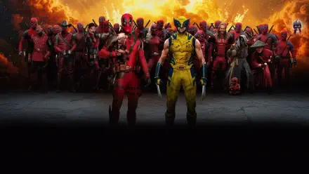 Deadpool & Wolverine stand center front with a horde of Deadpools behind them against a fiery sky — 2K Quad HD PC desktop wallpaper and background.