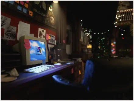 4K Ultra HD PC desktop wallpaper: dim desk with CRT computer monitor showing Windows 98 logo, glowing keyboard, sticky notes and blurred city night bokeh.