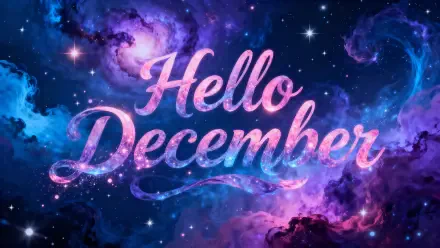 4K Ultra HD PC desktop wallpaper featuring Hello December in pink script over a vivid purple-blue cosmic nebula, dotted with stars and glowing swirls.