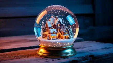 4K Ultra HD PC desktop wallpaper: glowing snow globe on a wooden surface, miniature illuminated house and falling snow under a crystal dome, warm lights against a cool blue background.