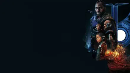 The Creator (2023) 4K Ultra HD PC desktop wallpaper/background: dark left space with a vertical cluster of futuristic characters, soldiers and a burning cityscape on the right.