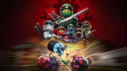 Ninjago HD PC desktop wallpaper/background showing LEGO ninjas brandishing swords and weapons above speeding battle vehicles on a dramatic red backdrop.