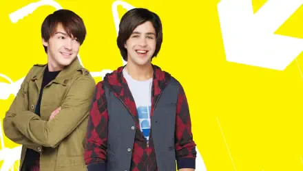 Two smiling young men in casual clothes on a bright yellow background — 4K Ultra HD PC desktop wallpaper, tagged Drake & Josh.