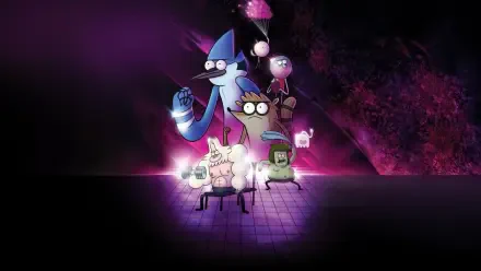 HD PC desktop wallpaper of Regular Show featuring Mordecai, Rigby and friends glowing in a neon purple-pink cosmic scene.