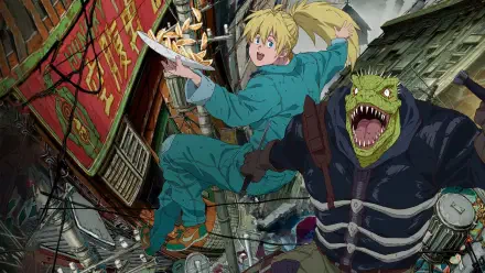Dorohedoro HD PC desktop wallpaper and background — Nikaido and lizard-headed Caiman leap through a grimy alley of neon signs, twisted pipes and scattered debris.