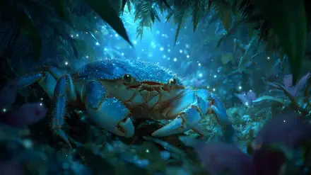 AI Art 2K Quad HD PC desktop wallpaper: a luminous blue crab (animal) nestled in a leafy cave, surrounded by glowing bioluminescent motes.