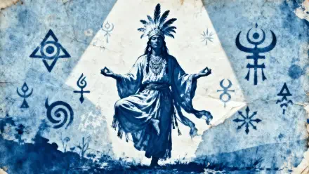 Blue-toned mystical shaman in a feathered headdress levitating amid tribal symbols — 4K Ultra HD PC desktop wallpaper/background.