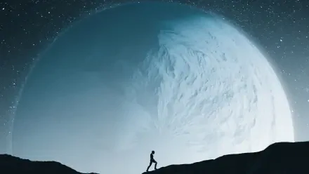 4K Ultra HD digital art PC desktop wallpaper: lone silhouette on a ridge gazes at a colossal moon against a starry space backdrop.