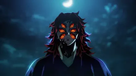 HD PC desktop wallpaper/background of Kokushibo from the anime Demon Slayer: Kimetsu no Yaiba — dark, moonlit portrait with six glowing eyes and red-accented hair.