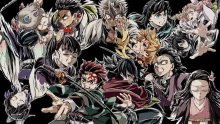 HD PC desktop wallpaper of anime Demon Slayer: Kimetsu no Yaiba — Demon Slayer: Kimetsu No Yaiba - The Movie: Infinity Castle, ensemble of characters in intense battle poses.