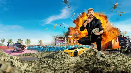 HD PC desktop wallpaper of the Beast Games TV show: host crouching atop a pile of cash amid cars, explosions and cameras on a flashy challenge set beneath a bright blue sky.