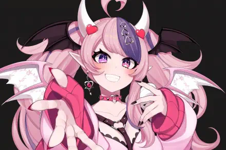HD PC desktop wallpaper featuring Virtual YouTuber Ironmouse: pink-haired anime girl with horns, bat wings and violet eyes, reaching forward with an inviting, playful smile
