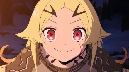 Anime HD PC desktop wallpaper of Teoritta from Sentenced to Be a Hero — close-up smiling face with pink eyes, blonde hair and armored collar at dusk.