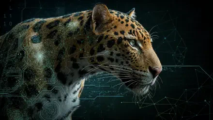 Close-up profile of a jaguar with glowing digital circuitry and geometric overlays, high-detail 4K Ultra HD PC desktop wallpaper and background.