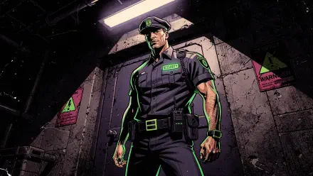 Security guard in stylized comic art with neon-green accents, posed in a grim industrial doorway framed by warning signs — 4K Ultra HD PC desktop wallpaper and background.