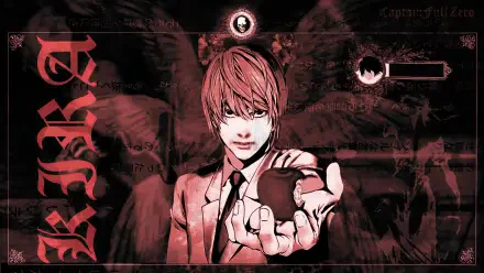 Retro anime Death Note 2K Quad HD PC wallpaper: Light Yagami as Kira reaches toward viewer, dark red tones, shadowy wings and cryptic symbols.
