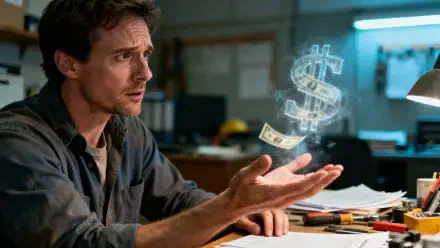 4K Ultra HD PC Desktop Wallpaper and Background: a man at a cluttered desk gestures toward a glowing holographic dollar sign with floating bills hovering above his open palm.