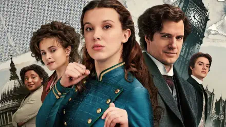 HD PC desktop wallpaper of Enola Holmes 3 movie poster, the lead actress in a teal coat stands front with supporting cast and Big Ben and London skyline in the background.