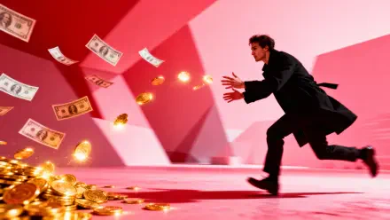 Man in coat chasing flying dollar bills and spilling gold coins across a pink geometric set - 4K Ultra HD PC desktop wallpaper and background.