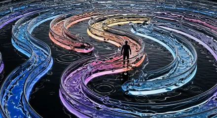 4K Ultra HD PC desktop wallpaper: silhouetted figure walks along glowing multicolored liquid ribbons curving over a reflective dark surface.