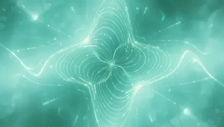 Mint green abstract light waves forming a glowing four-petal flower with dotted star accents — 4K Ultra HD PC desktop wallpaper and background.