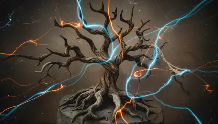 Gnarled, leafless bonsai-like tree on rocky pedestal with twisting roots, surrounded by blue and orange lightning energy streaks against a dark backdrop — 4K Ultra HD PC Desktop Wallpaper and Background.