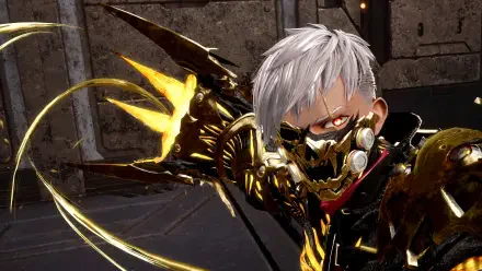 Silver-haired masked warrior from the video game Code Vein II in gold-black armor, swinging glowing blades — 4K Ultra HD PC desktop wallpaper and background.