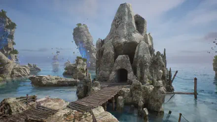 HD PC desktop wallpaper from the video game Solasta II — a skull-shaped cavern entrance in a rocky islet with weathered wooden piers and turquoise sea.