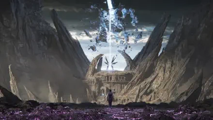 HD PC desktop wallpaper/background for the video game Solasta II: lone figure faces a ruined temple between cliffs as a magical beam shatters the sky over a purple-crystal valley.