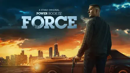 Power Book IV: Force TV show 2K Quad HD PC desktop wallpaper/background — a lone man in a jacket holding a gun beside a car with a city skyline at sunset.