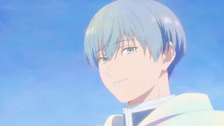 Himmel from Frieren: Beyond Journey's End, smiling with light blue hair against a bright blue sky — anime HD PC desktop wallpaper/background.