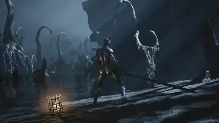 HD PC desktop wallpaper for the video game Mortal Shell II: armored warrior with sword faces skeletal, horned figures amid foggy ruins, a lantern casting dim light.