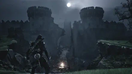 Video game HD PC wallpaper/background for Mortal Shell II: lone armored figure at a campfire under a full moon before a crumbling fortress, dark gaming atmosphere.