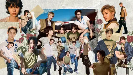 HD PC desktop wallpaper collage of K-pop boy band Cortis, featuring multiple members in casual poses with layered photos and floral accents.