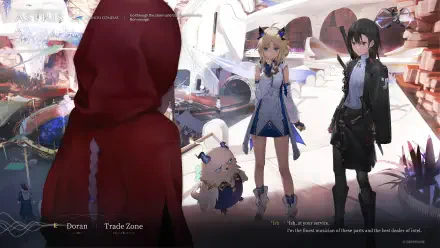 Ex Astris, official HD PC desktop wallpaper: three anime characters — red-hooded figure, bunny-eared girl with small creature, and dark-haired companion in a bright trade zone.