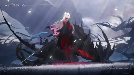 Ex Astris official 2K Quad HD PC desktop wallpaper: pale‑haired figure in a red cloak stands atop jagged black spires as dark tendrils and mist swirl beneath a stormy sky.