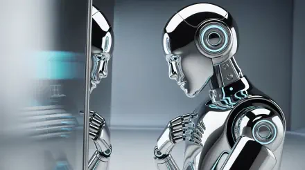 Chrome humanoid robot studies its reflection against a glossy panel, glowing blue circuits and a camera-like eye — 4K Ultra HD PC desktop wallpaper/background.
