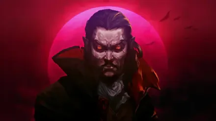 Brooding vampire with glowing red eyes against a blood-red moon — Vampire Survivors rogue-like gaming art, HD PC desktop wallpaper/background.