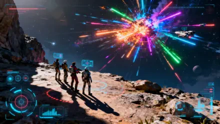 Sci Fi 4K Ultra HD PC Desktop Wallpaper and Background — four silhouetted explorers on a rocky ledge watch a neon multicolor space explosion with HUD overlays.