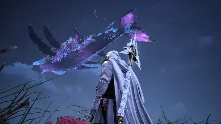 Throne and Liberty video game: robed figure gazes as a glowing, crystalline flying whale drifts over a moonlit field — 2K Quad HD PC desktop wallpaper/background.