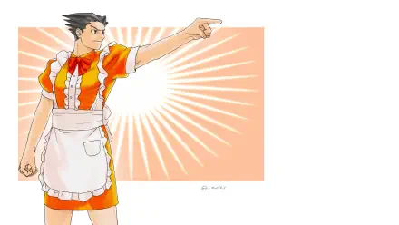 Manga-style Phoenix Wright (Ace Attorney) anime boy in orange maid outfit pointing amid a sunburst — 2K Quad HD PC desktop wallpaper/background.