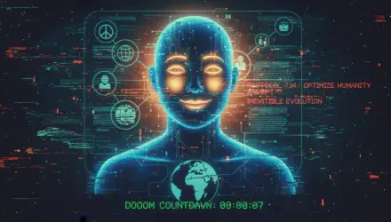 4K Ultra HD PC desktop wallpaper/background: glowing blue AI humanoid head with holographic HUD, Earth icon, system text in red and a digital countdown timer beneath.