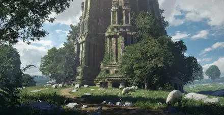 2K Quad HD PC desktop wallpaper and background: a lush nature scene with a moss-covered ruin, abundant plants and grazing sheep on a sunlit meadow.