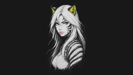 HD PC desktop wallpaper and background: stylized fox girl — white-haired woman with fox ears, blue eyes, and striped shoulder markings on a dark backdrop.
