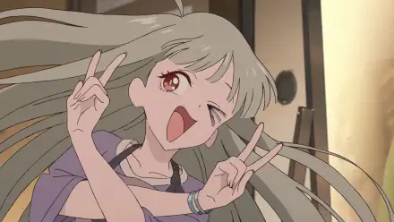 HD PC desktop wallpaper of Cosmic Princess Kaguya! — cheerful long-haired anime girl winking, flashing double peace signs with flowing hair in a warm interior scene.