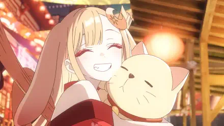Anime HD PC desktop wallpaper of Cosmic Princess Kaguya! — cheerful blonde girl with eyes closed hugging a round cat plush under warm, glowing festival lights.