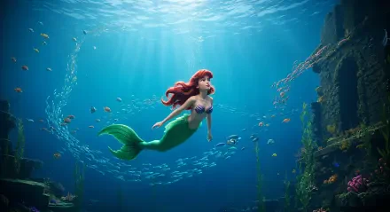 The Little Mermaid swims through sunlit blue waters among coral and fish — 4K Ultra HD PC desktop wallpaper/background.